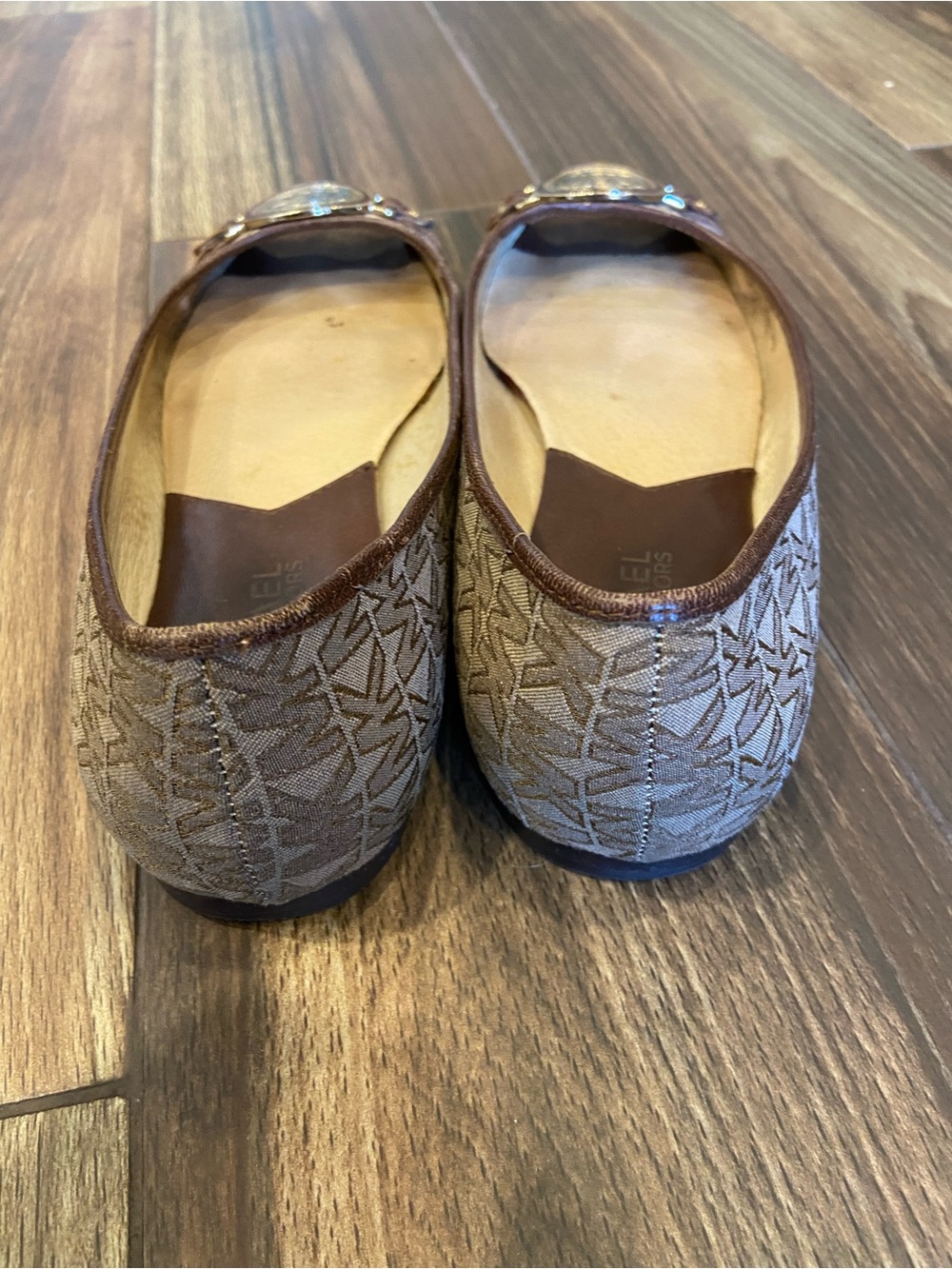 Michael Kors Brown Logo Open-Toe Ballet Flats with Gold Medallion - Picture 5 of 9